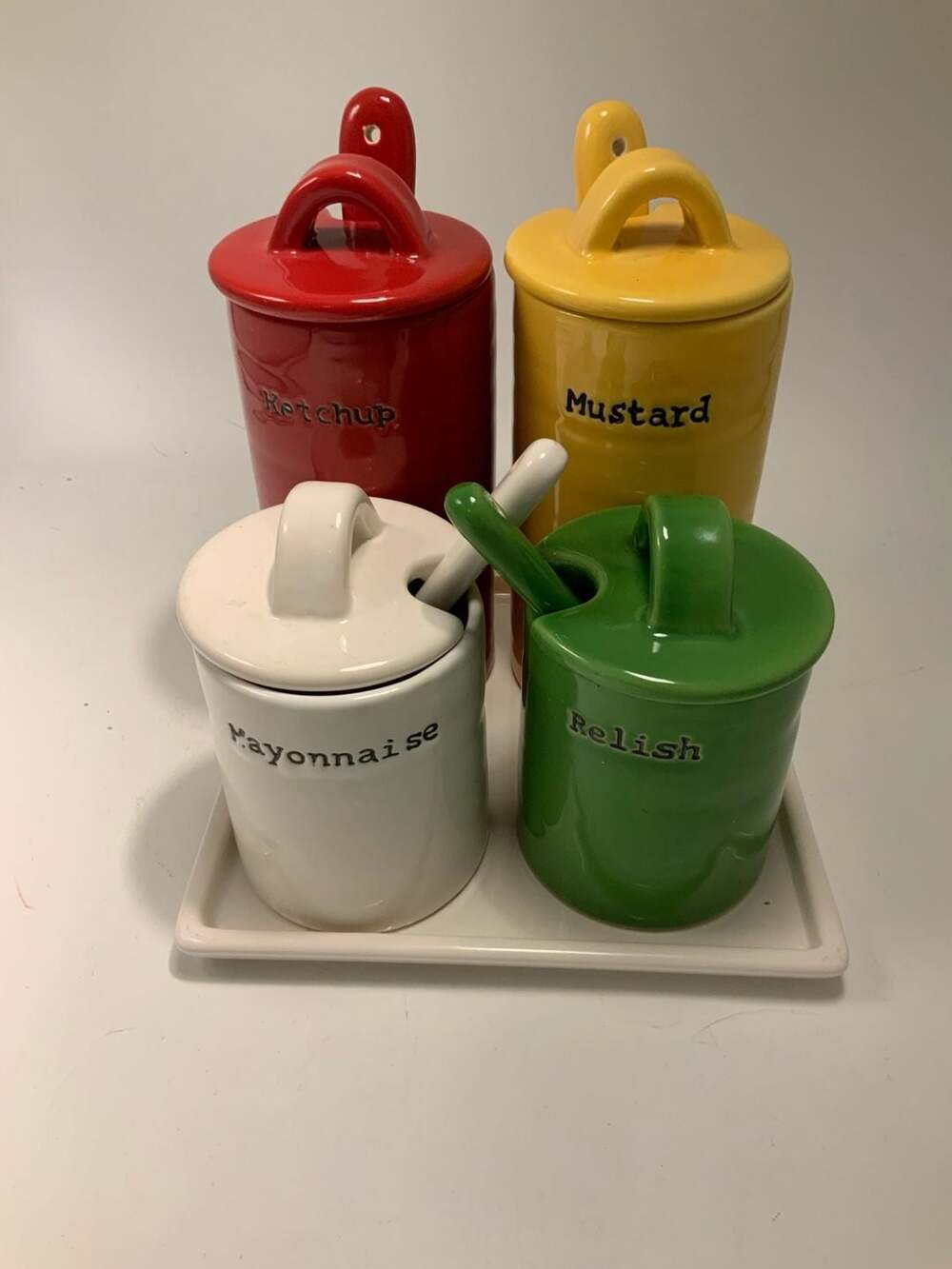 Pottery Barn BBQ Condiment Set Caddy Ketchup Mustard Mayo Relish Ceramic